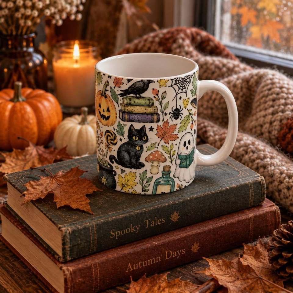 Spooky Halloween Mug with a black cat, pumpkin, books and raven, handle on the right