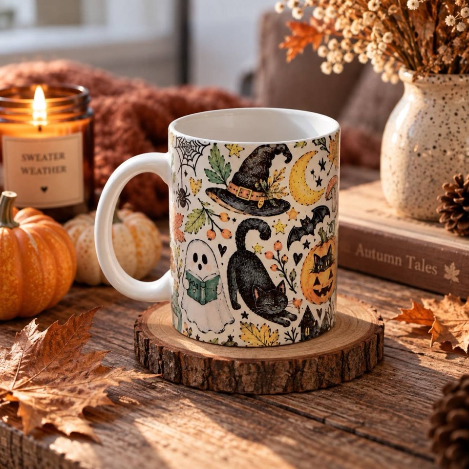 Spooky Halloween Mug with a witch hat, moon, ghost and black cat, handle on the left