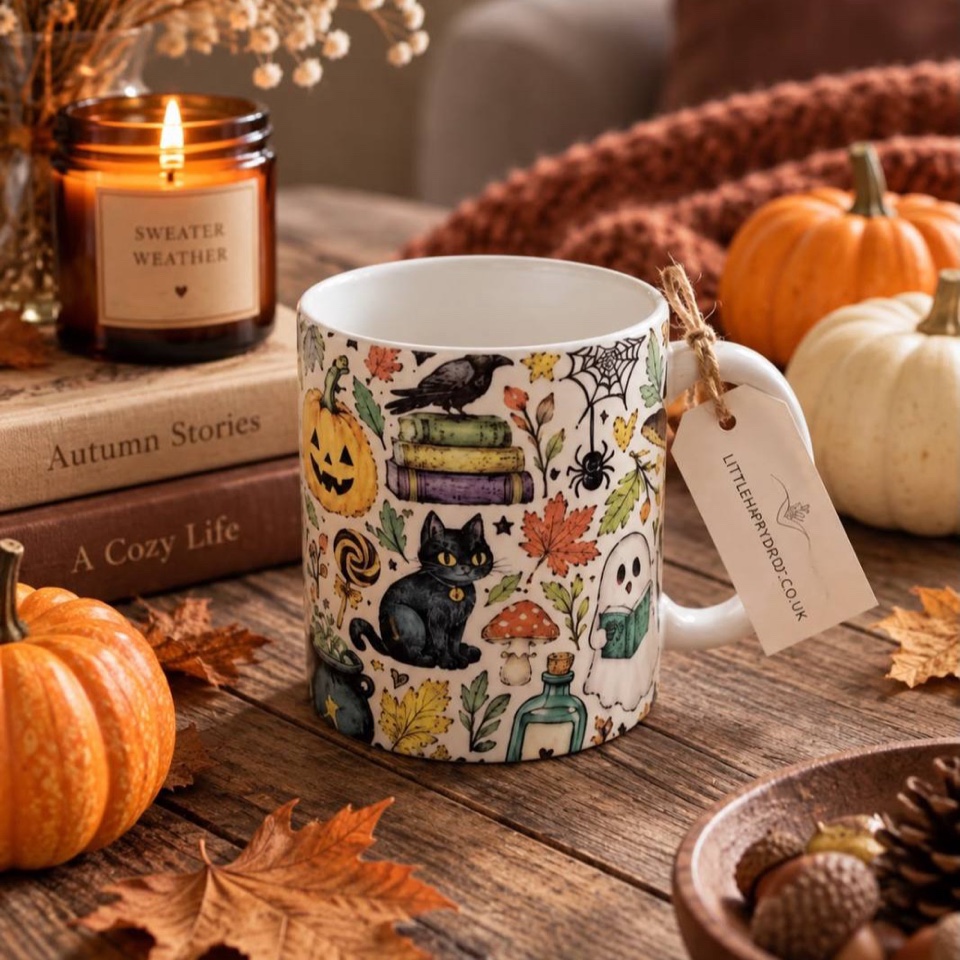 Spooky Halloween Mug in a cosy seasonal setting with a Little Happy Drop tag on the handle