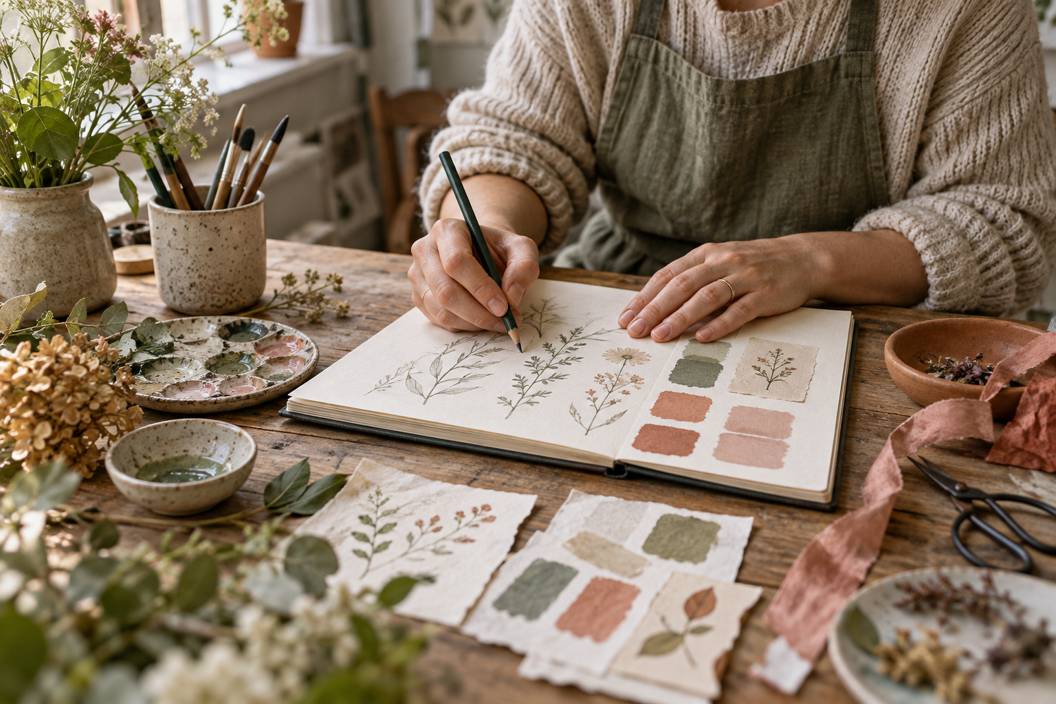 A maker sketching botanical ideas and choosing colours in the Little Happy Drop studio